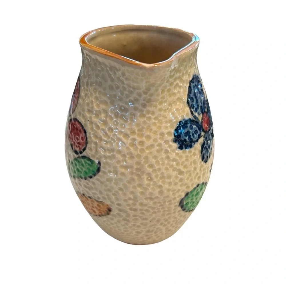 Vintage Floral Pottery Pitcher Made in Japan Textured Orange Peel Surface